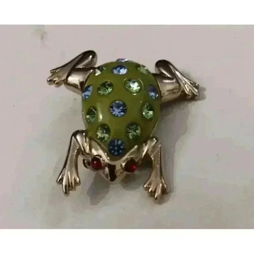 Adorable Green Gold-tone Frog Pin Brooch W‎ Rhinestones 1.5” Red Eyes